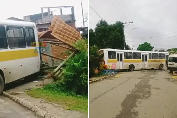 Ônibus escolar destrói ponto de parada após acidente em Simões Filho